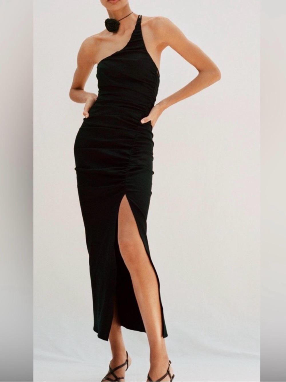 NWT - Zara One-Shoulder Black Ruched Linen Midi Dress with Side Slit
